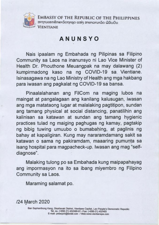 Dalawang kumpirmadong Kaso ng Covid 19 sa Vientiane