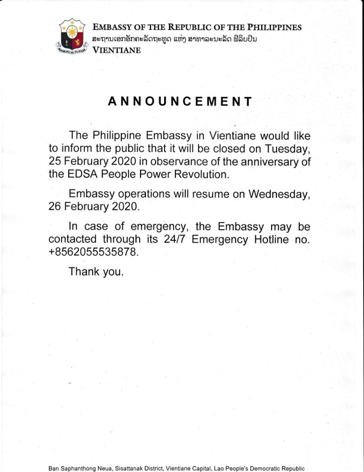 Embassy will be closed on EDSA Day