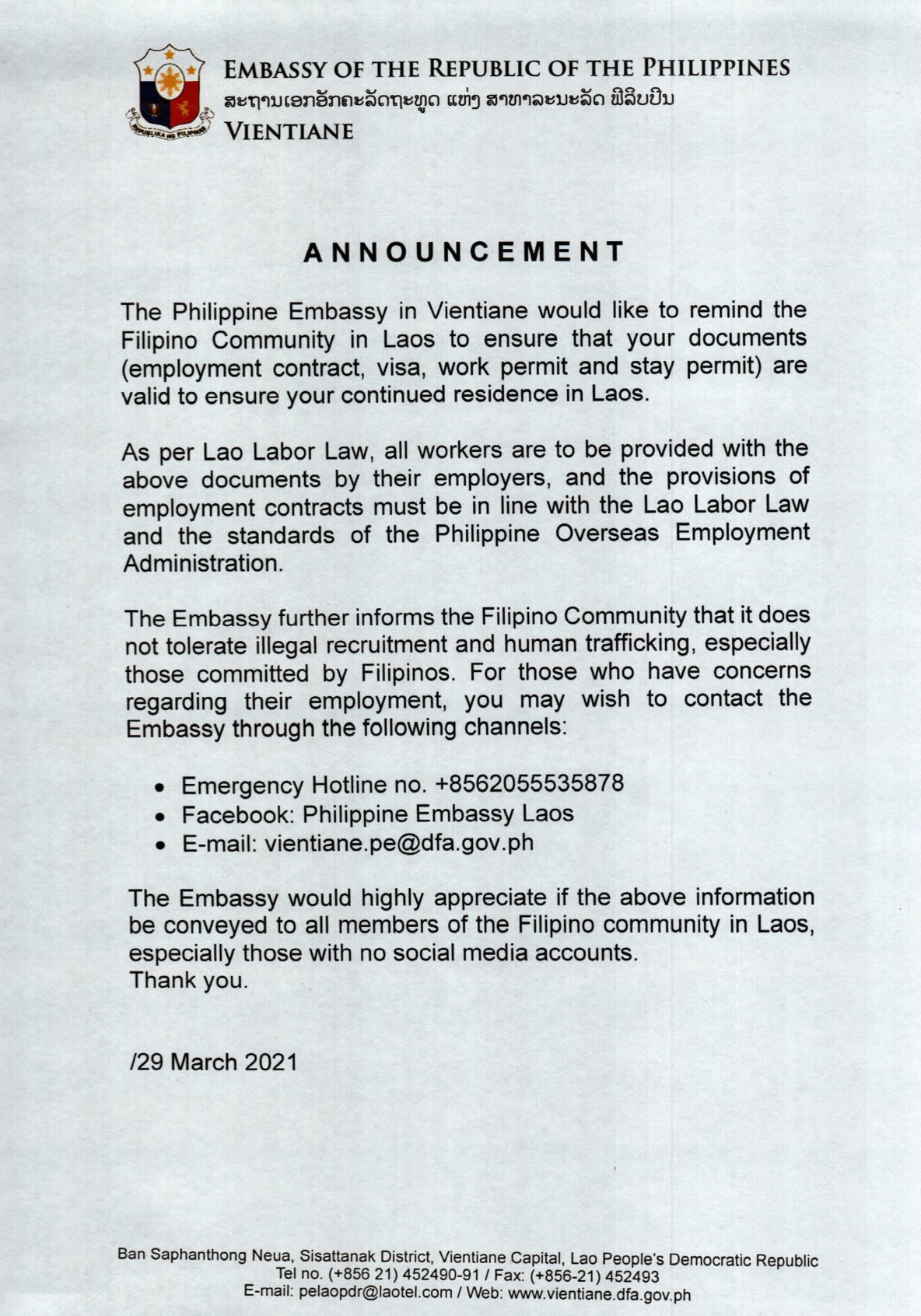 Announcement to the Filipinos in Laos