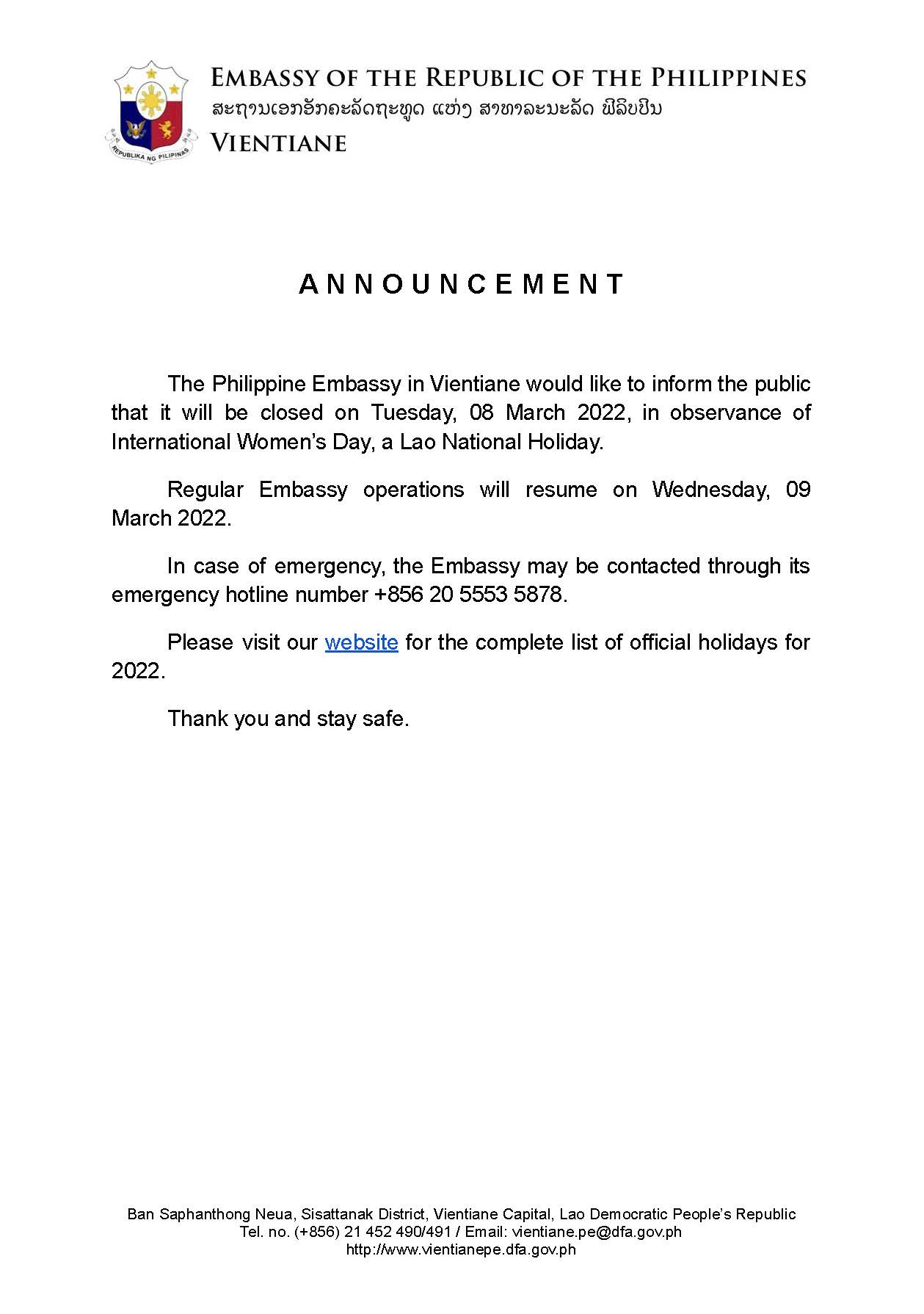 Announcement on Closure of Embassy on March 8