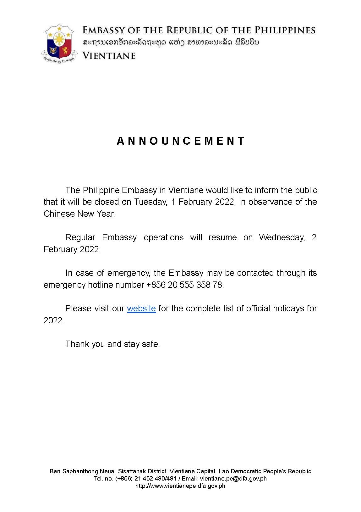 Announcement on closure of Embassy on February 1.final