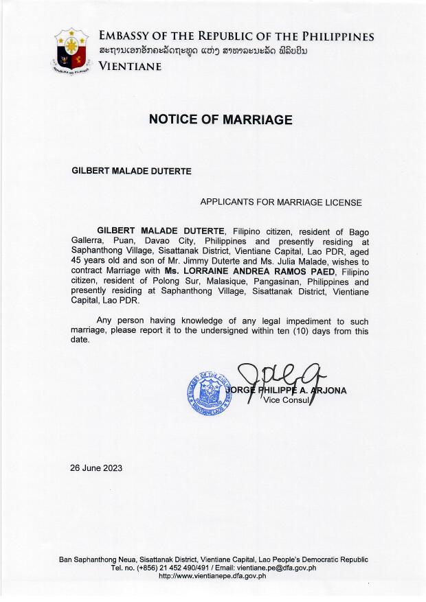 Duterte.Paed.Notice of Marriage