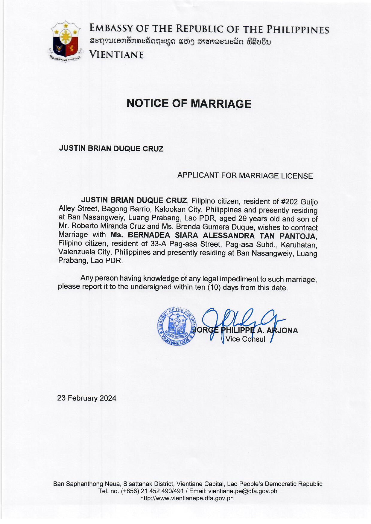 cruz.pantoja.notice of marriage.23feb2024 Page 1