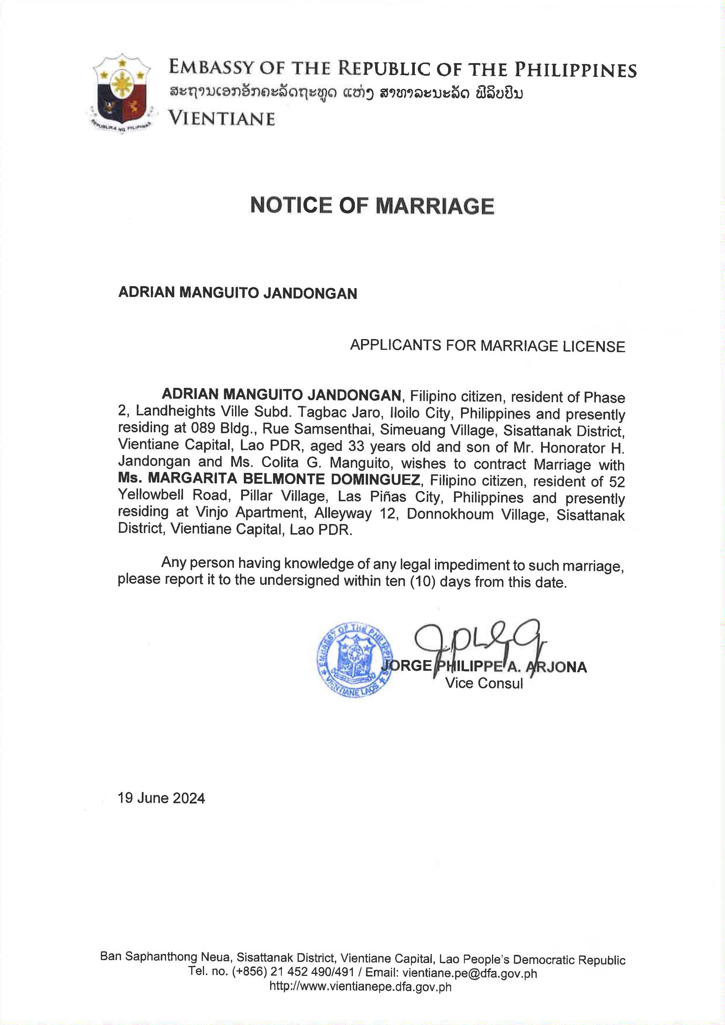 jandongan.dominguez.Notice of Marriage. Page 1